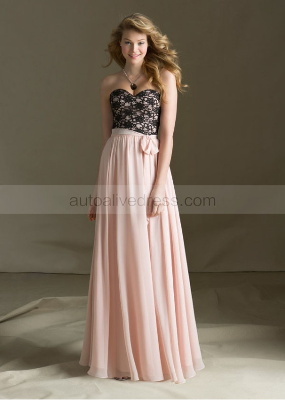 Black Lace Chiffon Sweetheart Neckline Long Bridesmaid Dress